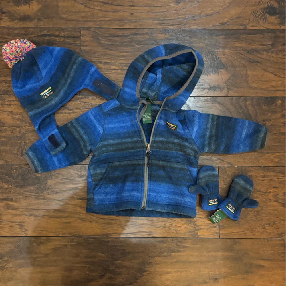 L.L. Bean Blue Striped Fleece Hoodie, Hat & Mittens Set